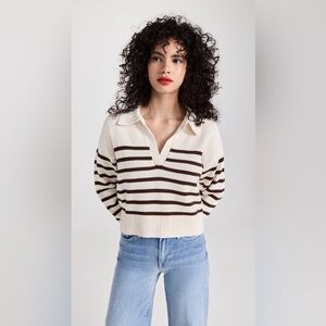 Reformation Francesco Cotton Polo Sweater Cream/Brown Stripe Size Large